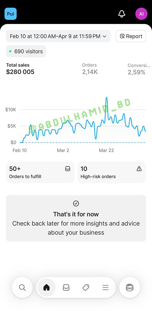 Скриншот результата — дашборд Shopify